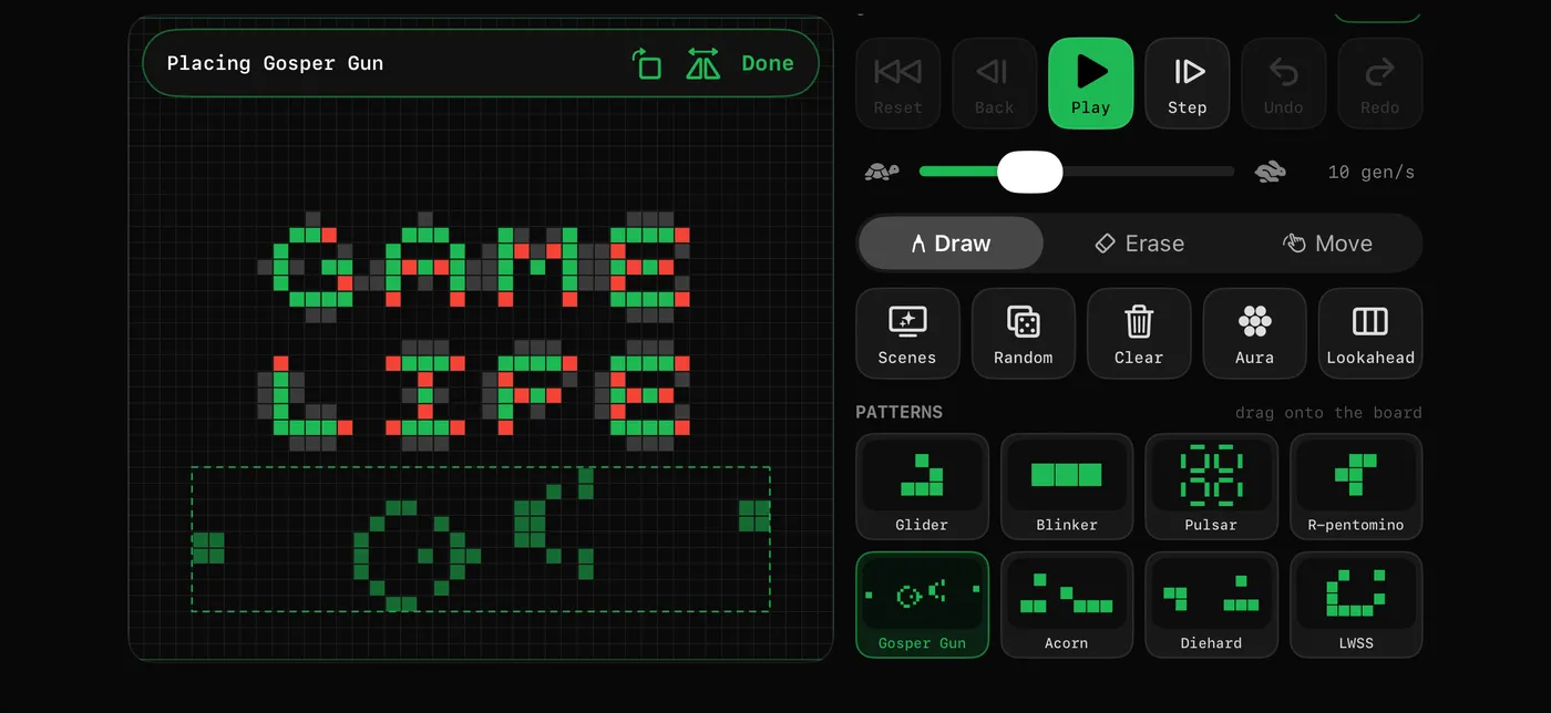 Game Life on iPhone: placing a Gosper glider gun beside a pixel GAME LIFE pattern