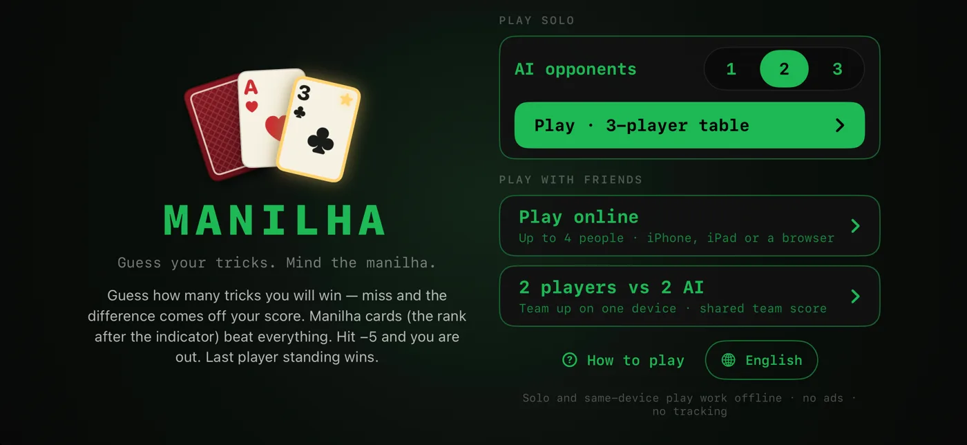 Manilha on iPhone: the menu, with 1, 2 or 3 computer opponents, online play, or two players against two