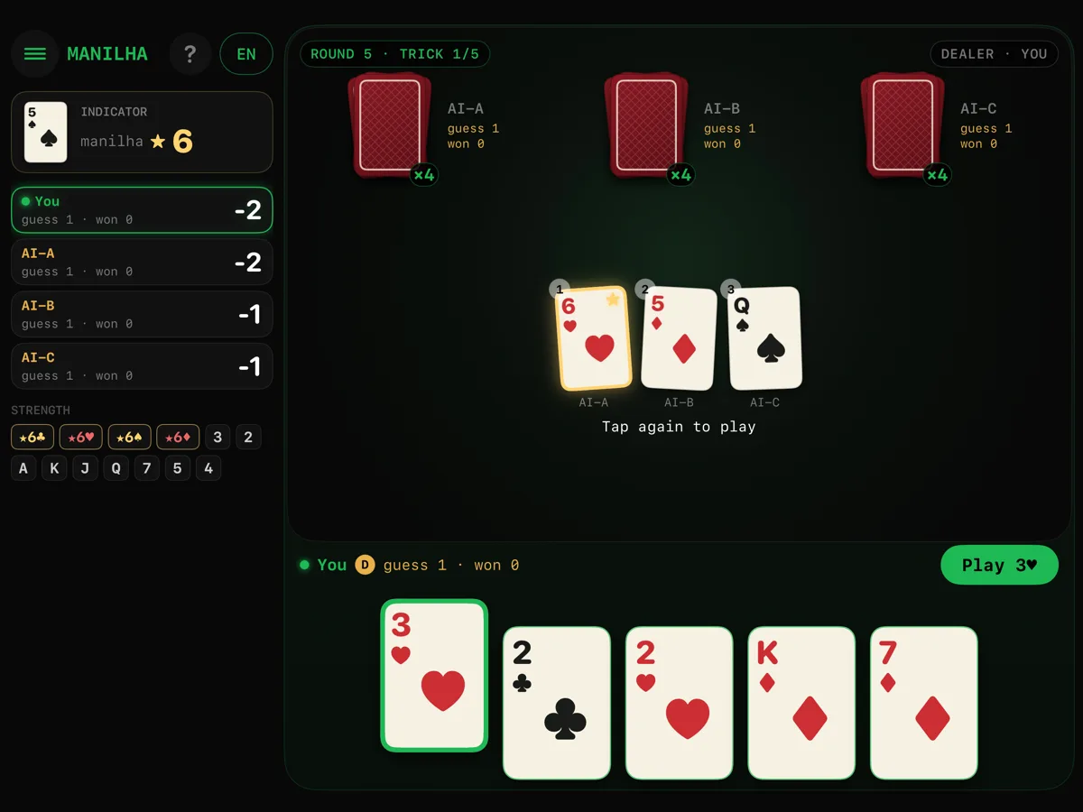 Manilha on iPad: your hand of cards at the edge of the table, the manilha indicator on the left